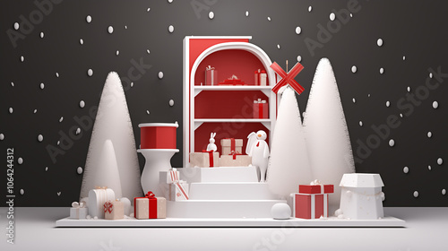 A festive podium setup featuring a small Christmas tree, colorful ornaments, and scattered snowflakes, bringing a playful holiday feel to product displays or Christmas-themed presentations.