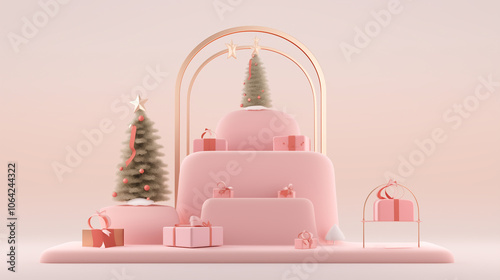 A festive podium setup featuring a small Christmas tree, colorful ornaments, and scattered snowflakes, bringing a playful holiday feel to product displays or Christmas-themed presentations.