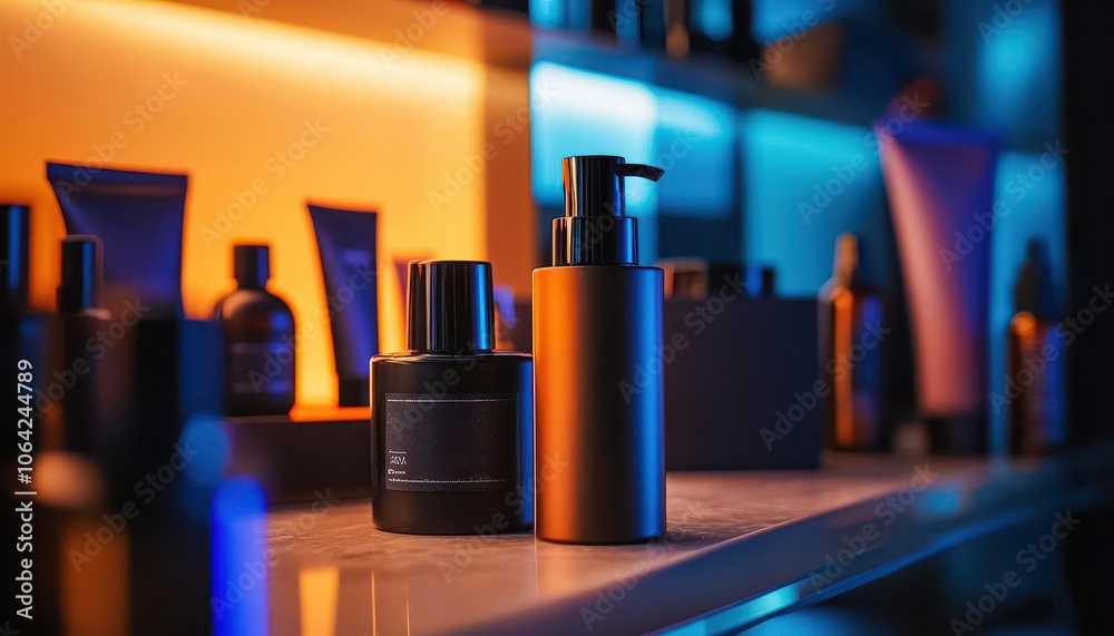 Fototapeta premium Men s grooming essentials with sleek packaging, soft lighting, vibrant colors, clean design, modern style