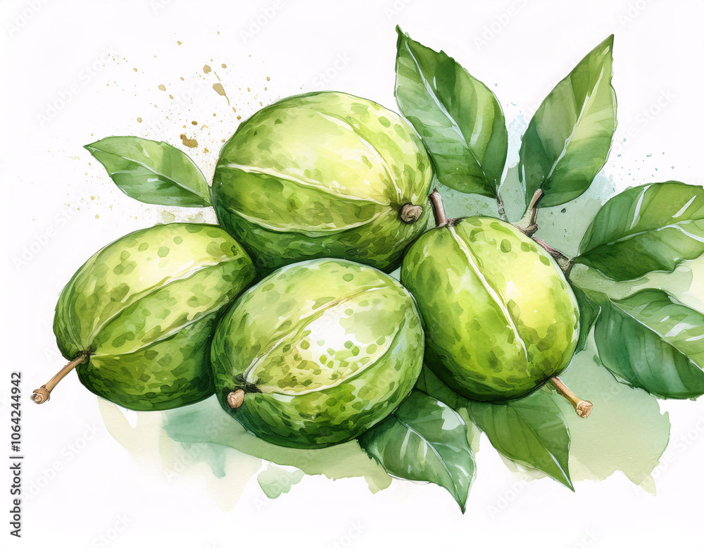 Three green fruits with one cut open, with green leaves on a white background Three green fruits with one cut open, with green leaves on a white background