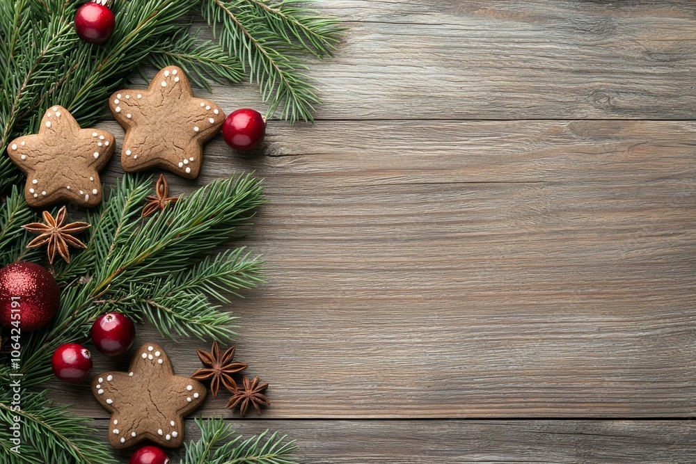 A wooden background with a bunch of Christmas cookies and a red star A wooden background with a bunch of Christmas cookies and a red star