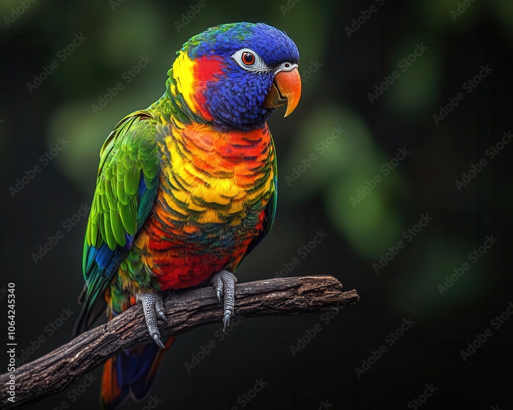 Fototapeta premium Parrot perched on branch with vibrant colors, soft lighting, sleek modern setup, dynamic energy, high contrast