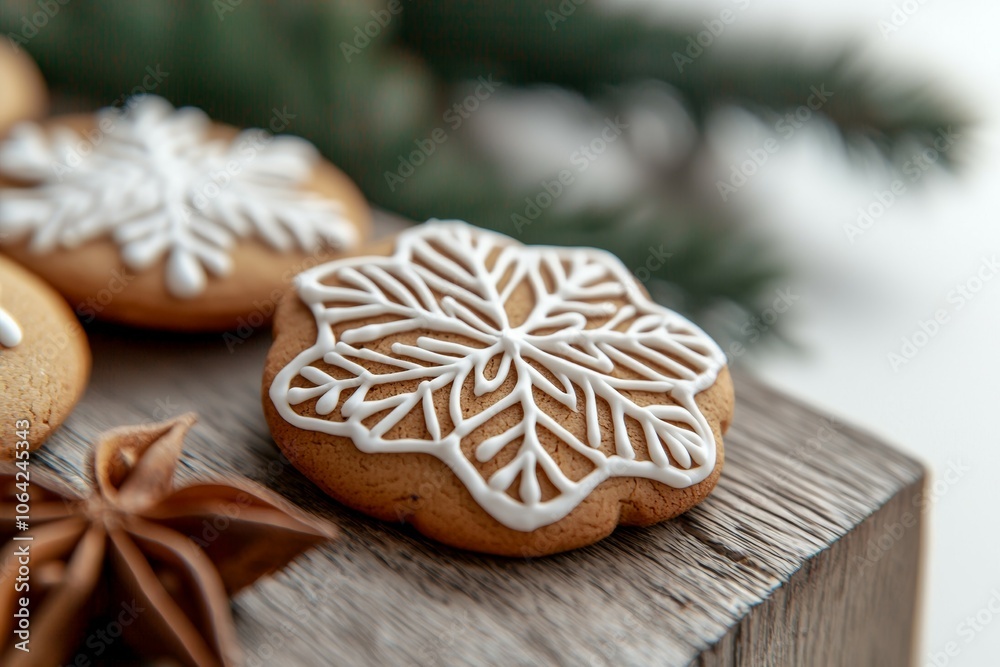 A white cookie with a snowflake design sits on a wooden table A white cookie with a snowflake design sits on a wooden table