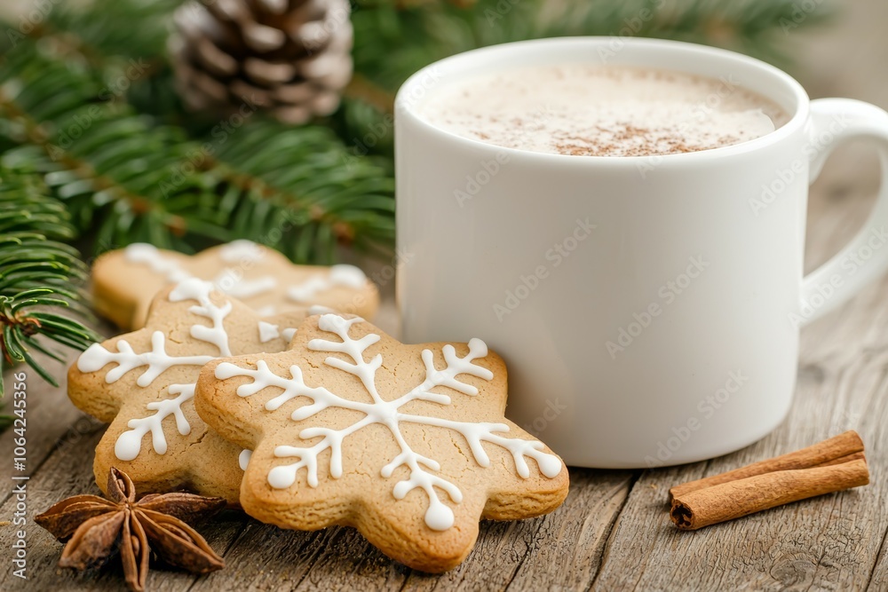 A white mug with a snowflake cookie sitting on top of it A white mug with a snowflake cookie sitting on top of it