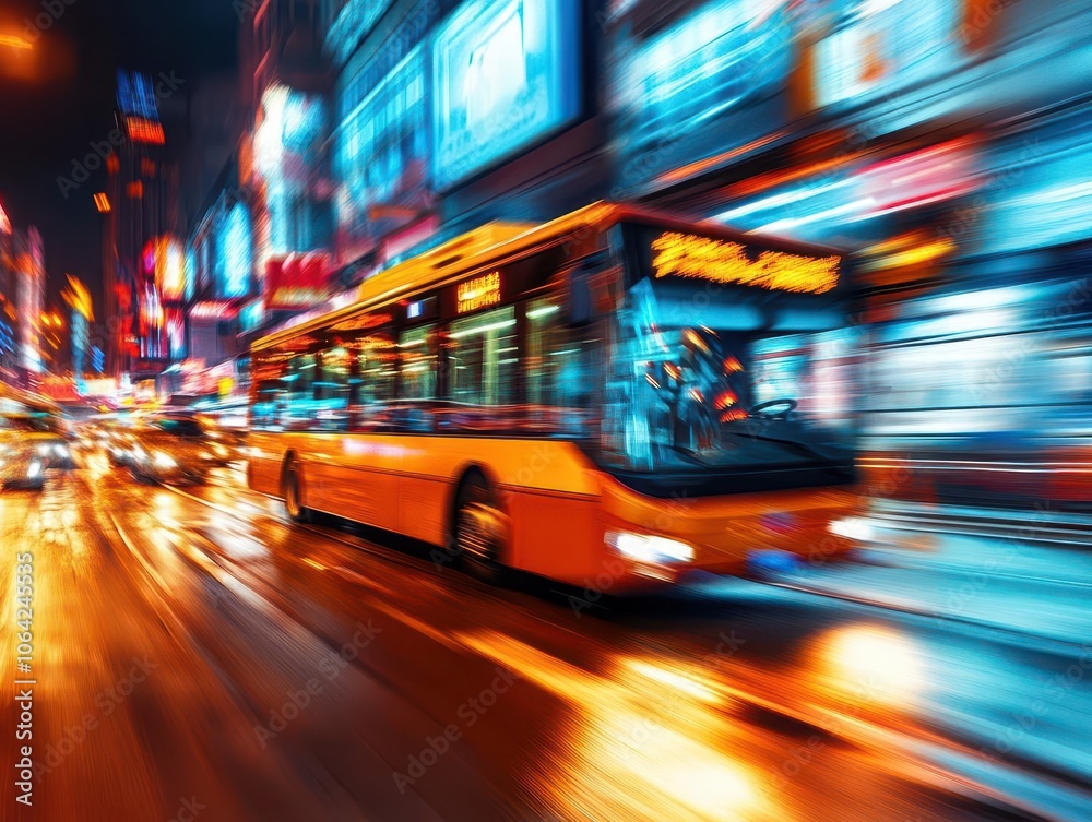 Public bus in traffic with vibrant streets, dynamic energy, soft lighting, modern city backdrop, high contrast Public bus in traffic with vibrant streets, dynamic energy, soft lighting, modern city backdrop, high contrast