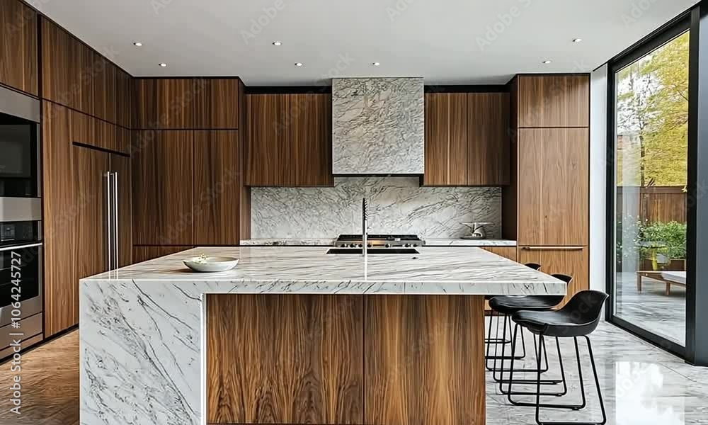 A modern kitchen with wood cabinets, marble countertops, and a large ...