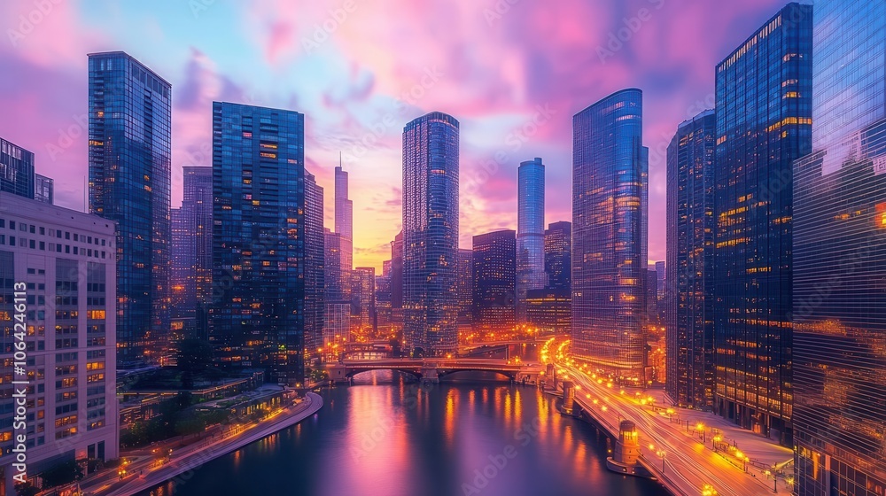 Obraz premium Skyline at sunset with vibrant colors, soft lighting, sleek modern buildings, dynamic energy, photo-realism