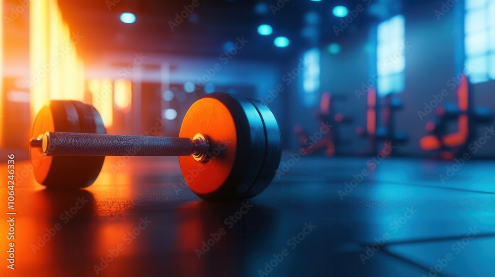 Fototapeta premium Strength training session in a sleek gym, vibrant weights, dynamic movement, soft lighting, high-energy realism