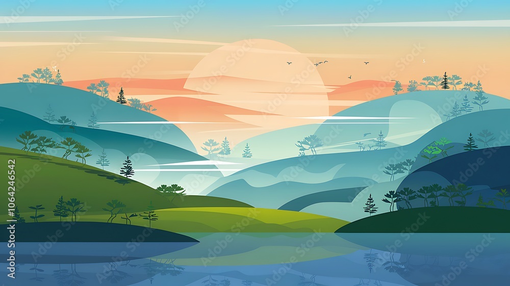 Fototapeta premium Serene Sunset Landscape with Mountains, Trees, and a Still Lake