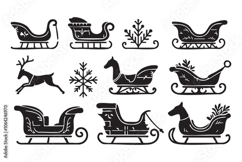 Silhouette set of santa sleigh on white background