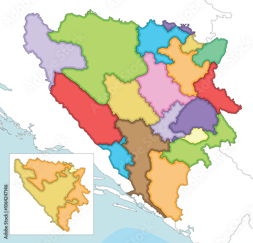 Vector illustrated blank map of Bosnia and Herzegovina with entities, cantons, regions and administrative divisions, and neighbouring countries and territories. Editable and clearly labeled layers.