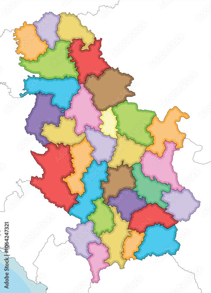Obraz premium Vector illustrated regional blank map of Serbia with districts and administrative divisions, and neighbouring countries and territories. Editable and clearly labeled layers.