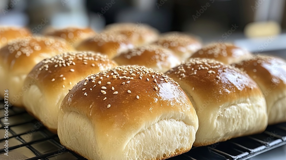 Freshly Baked Sesame Seed Buns on a Wire Rack