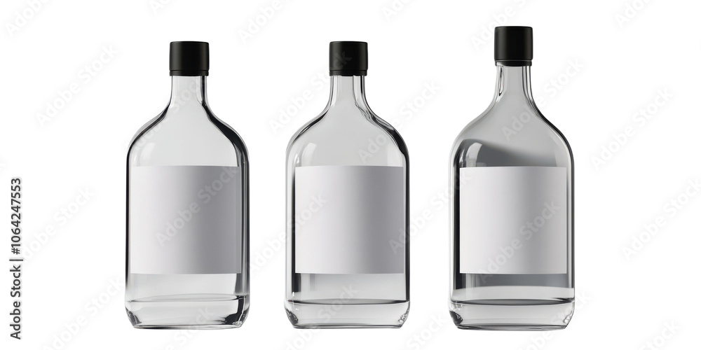 Three Glass Bottles with Blank White Labels Mockup on transparent background Three Glass Bottles with Blank White Labels Mockup on transparent background