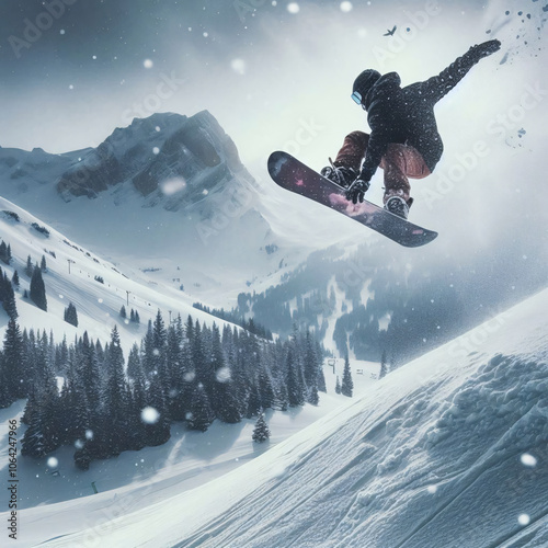 Snowboarder performs aerial trick against stunning winter mountain landscape with snowy peaks, evergreen forest, and ski lifts in misty weather