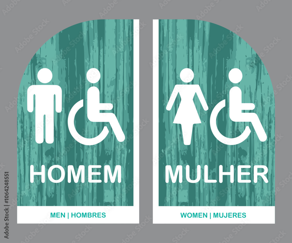 Placas para Banheiro, Retângulo Estilizado Homem e Mulher. Arte em Madeira Verde.
