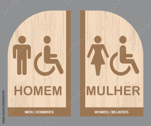Placas para Banheiro, Retângulo Estilizado Homem e Mulher. Arte em Madeira Rosa.