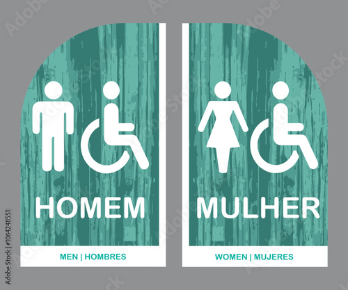Placas para Banheiro, Retângulo Estilizado Homem e Mulher. Arte em Madeira Verde.