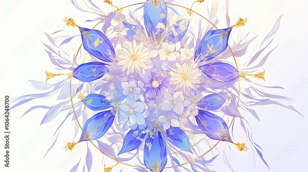 Fototapeta premium Abstract Floral Arrangement with Blue and White Flowers and Golden Accents