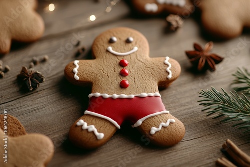 A gingerbread man is smiling and wearing a red bathing suit