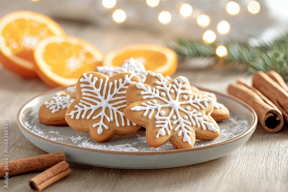 A plate of cookies with white icing and snowflake designs sits on a wooden table A plate of cookies with white icing and snowflake designs sits on a wooden table