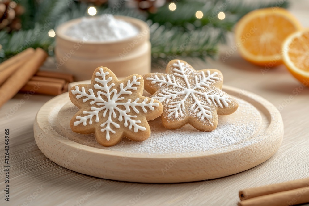 Two snowflake cookies with powdered sugar on a wooden plate Two snowflake cookies with powdered sugar on a wooden plate