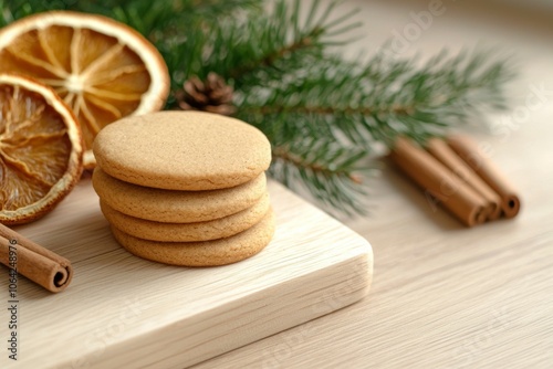 A stack of cookies sits on a wooden cutting board with a few orange slices