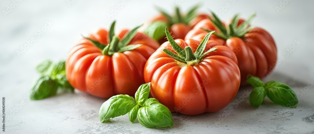 Fresh, ripe heirloom tomatoes arranged with basil leaves. Fresh, ripe heirloom tomatoes arranged with basil leaves.