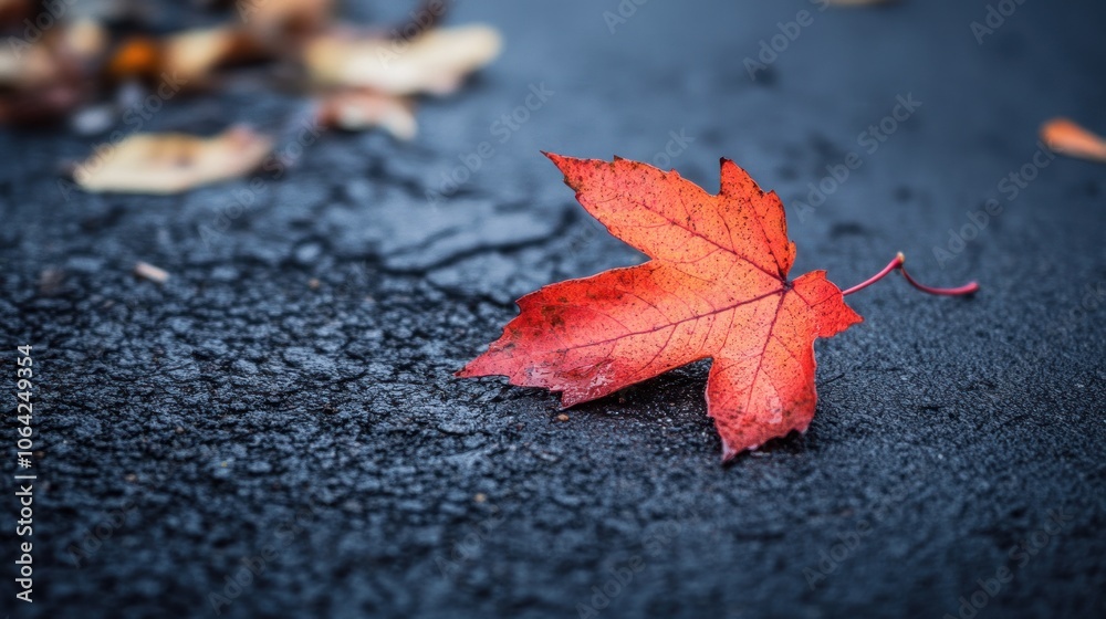 Single Red Maple Leaf on Asphalt Single Red Maple Leaf on Asphalt