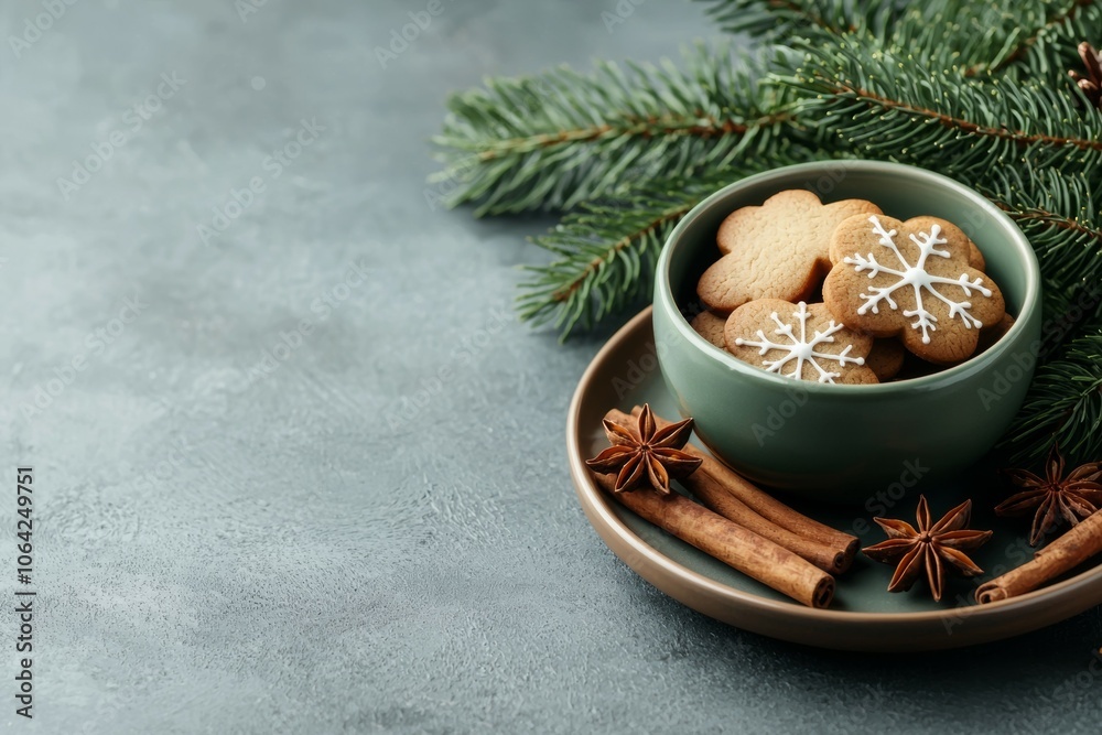 A bowl of cookies with a green plate and cinnamon sticks A bowl of cookies with a green plate and cinnamon sticks