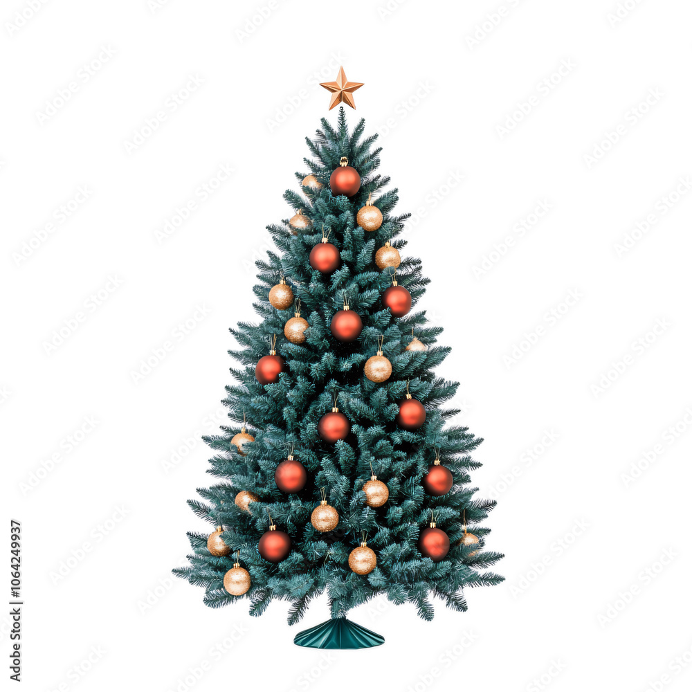 Festive Green Christmas Tree with Red and Gold Ornaments and Star Topper on White Background Festive Green Christmas Tree with Red and Gold Ornaments and Star Topper on White Background