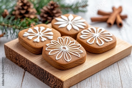 A wooden board with four decorated cookies on it