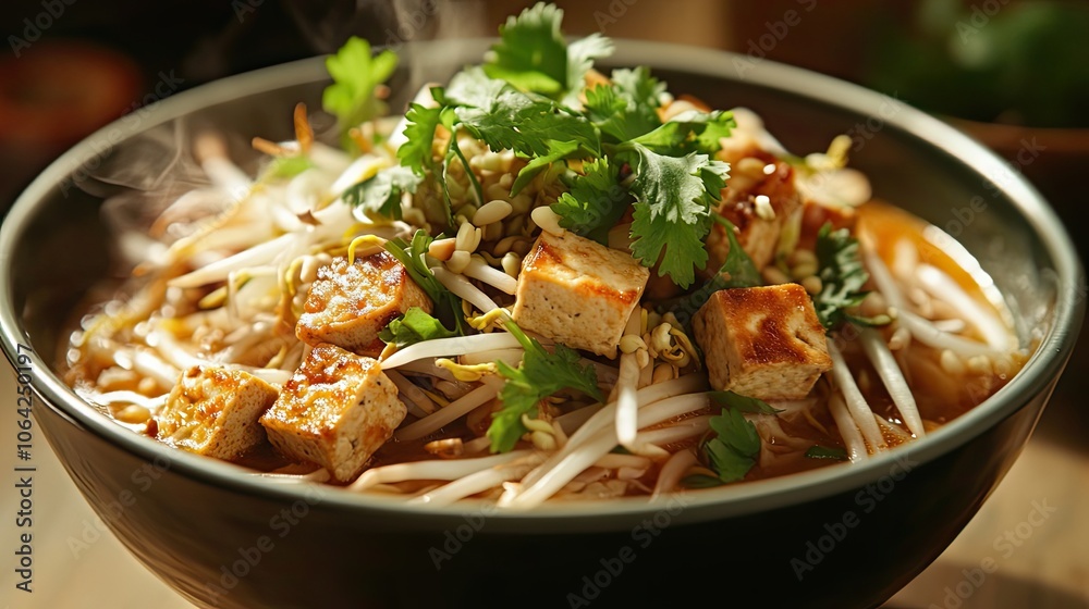 Steaming Bowl of Asian Noodle Soup with Tofu and Bean Sprouts Steaming Bowl of Asian Noodle Soup with Tofu and Bean Sprouts