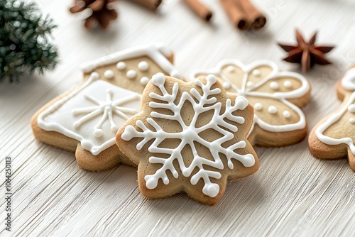 A white and white snowflake cookie sits on a table next to a cinnamon stick