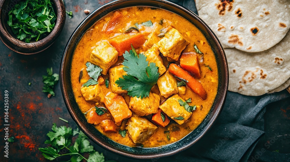 Close-up of Indian Curry with Tofu, Carrots, and Cilantro in a Bowl Close-up of Indian Curry with Tofu, Carrots, and Cilantro in a Bowl