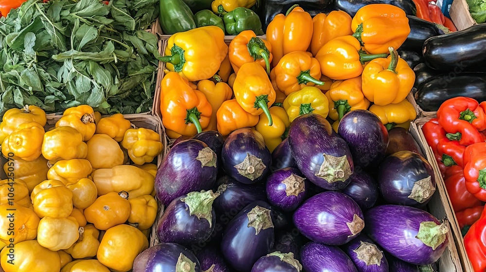 Assortment of Yellow, Red, and Purple Vegetables in Wooden Crates Assortment of Yellow, Red, and Purple Vegetables in Wooden Crates