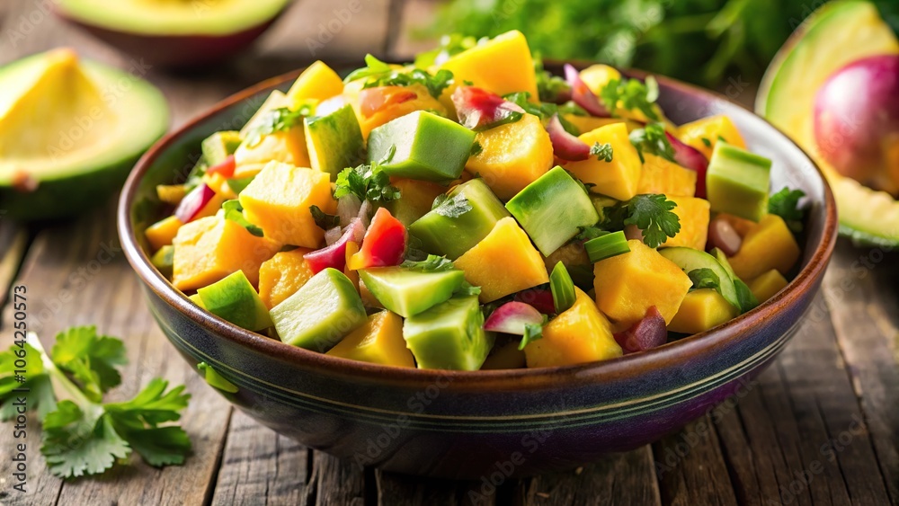 Fresh mango and avocado salsa with cilantro and lime macro closeup Fresh mango and avocado salsa with cilantro and lime macro closeup