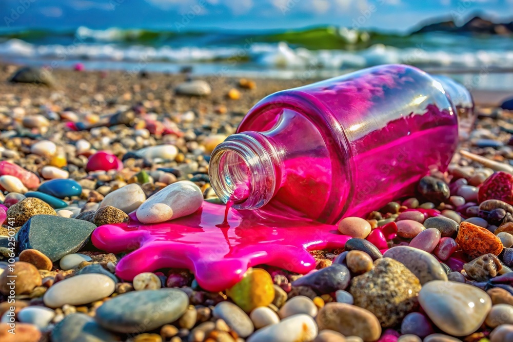 Fuchsia colored slime oozing out of a broken glass bottle on a rocky beach with seashells and pebbles scattered around, marine, slime, fuchsia, seashells Fuchsia colored slime oozing out of a broken glass bottle on a rocky beach with seashells and pebbles scattered around, marine, slime, fuchsia, seashells