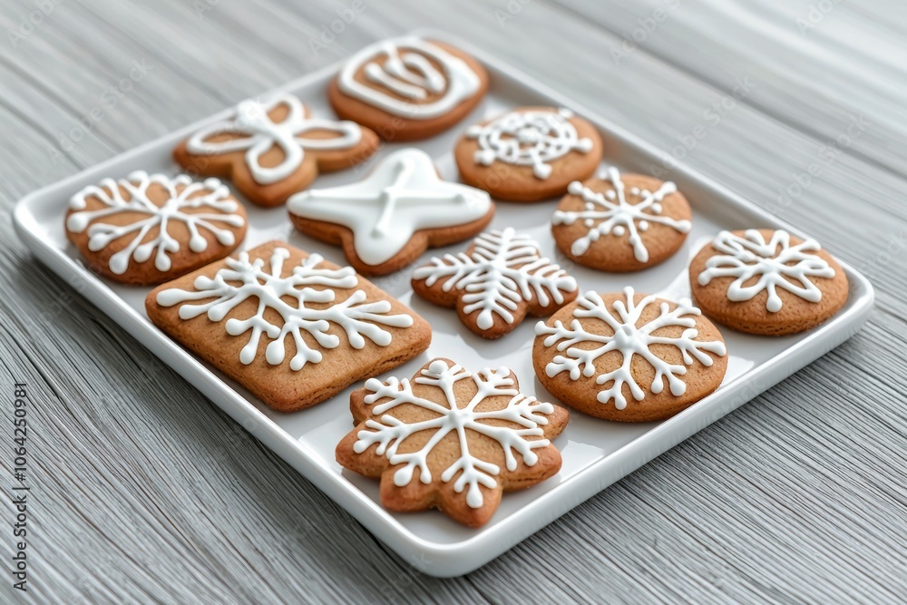A white plate with a variety of snowflake cookies A white plate with a variety of snowflake cookies