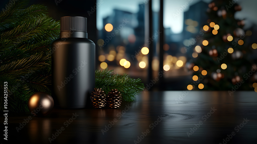 A bottle of perfume is on a table next to some pine cones and a Christmas tree A bottle of perfume is on a table next to some pine cones and a Christmas tree