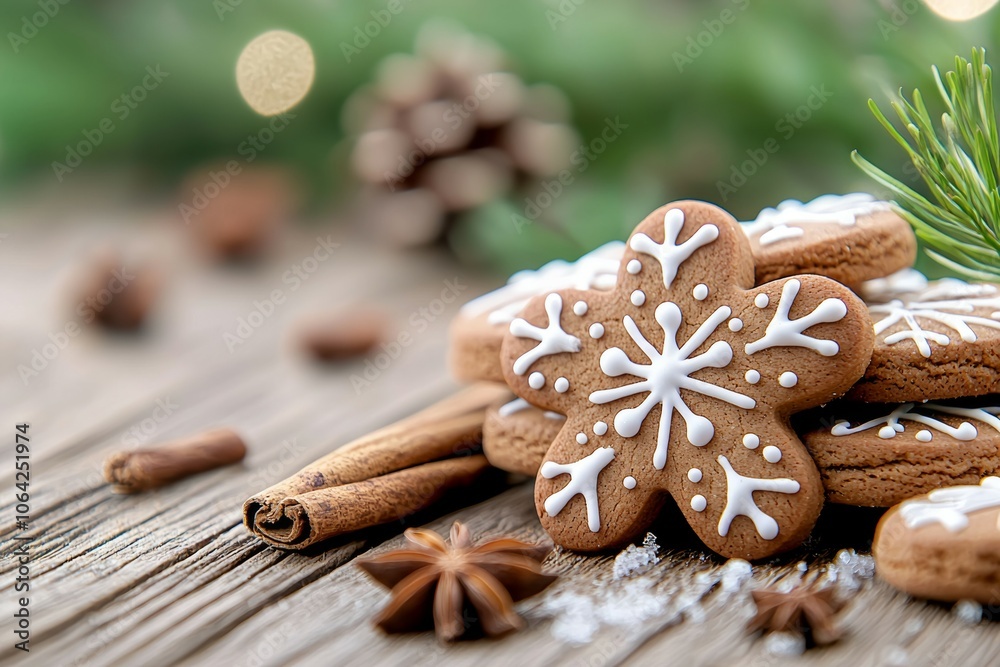 A plate of ginger cookies with cinnamon and star shaped icing A plate of ginger cookies with cinnamon and star shaped icing