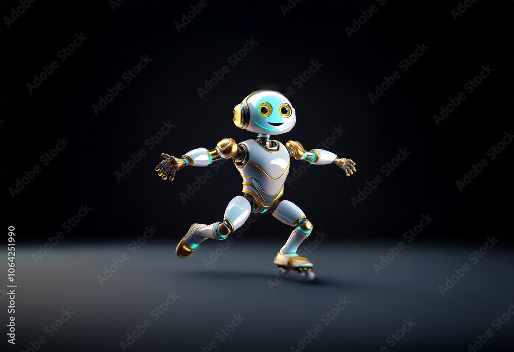 A white and gold robot with teal eyes skates across a black background. A white and gold robot with teal eyes skates across a black background.