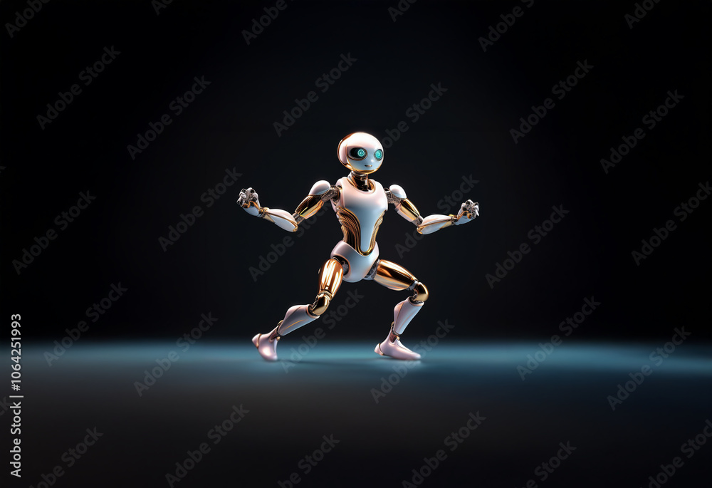Obraz premium A white and gold robot stands in a fighting pose on a blue lit stage in a dark room.