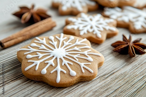 A snowflake cookie with a white icing sits on a wooden table