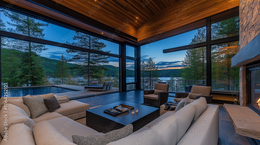 Fototapeta premium blank square frame over a couch in a beautiful lake house.