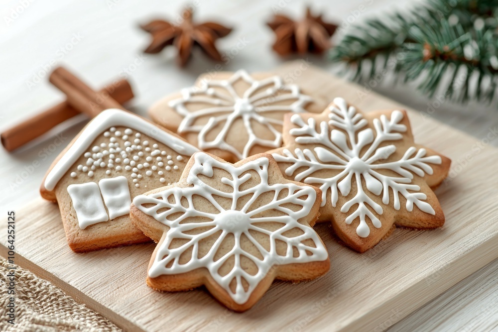 Four white cookies with snowflakes on them are sitting on a wooden table Four white cookies with snowflakes on them are sitting on a wooden table
