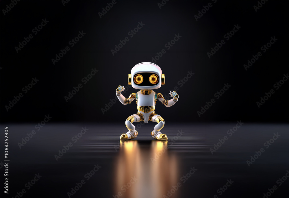 A small, white robot with golden accents stands confidently in a dark studio, flexing its robotic arms and radiating light from its joints.