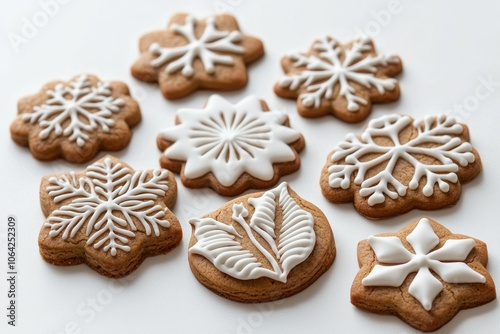 A row of gingerbread cookies with white icing and snowflake designs