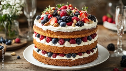 A beautifully presented layered cake, garnished with fresh berries and nuts, placed on a white plate. The cake is set on a rustic wooden table, accompanied by elegant glasses, creating a cozy Cake