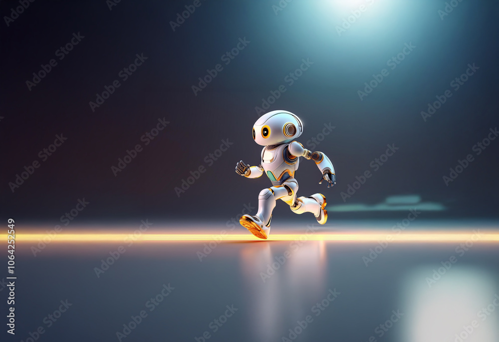 A white and silver robot runs across a dark floor illuminated by a bright light. A white and silver robot runs across a dark floor illuminated by a bright light.